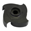 Black plastic pump impeller with a four-vane design and center shaft hole for pool or spa equipment maintenance.
