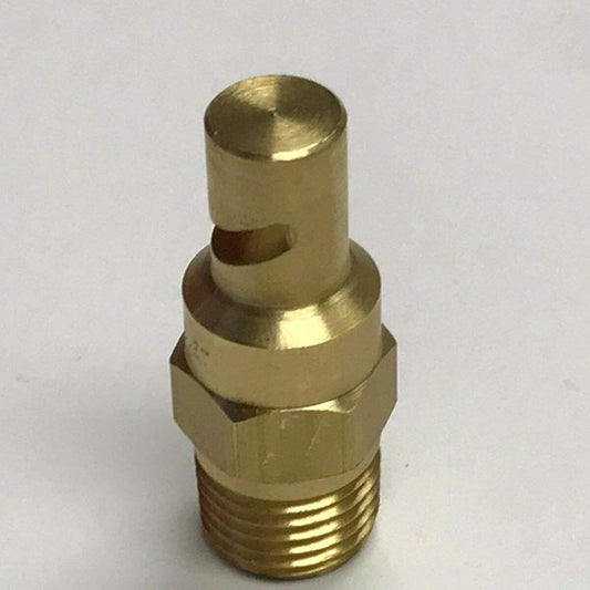 1/4KLC-18 brass spray nozzle with a threaded base and a flat fan spray tip design.