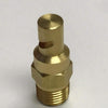 1/4KLC-9 brass spray nozzle featuring a threaded base, hexagonal nut section, and a precision-machined flat fan spray tip.