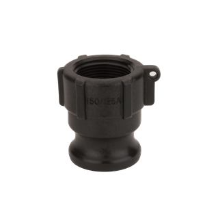 Black plastic 150/125A camlock adapter with a threaded female end and locking lug on a white background.