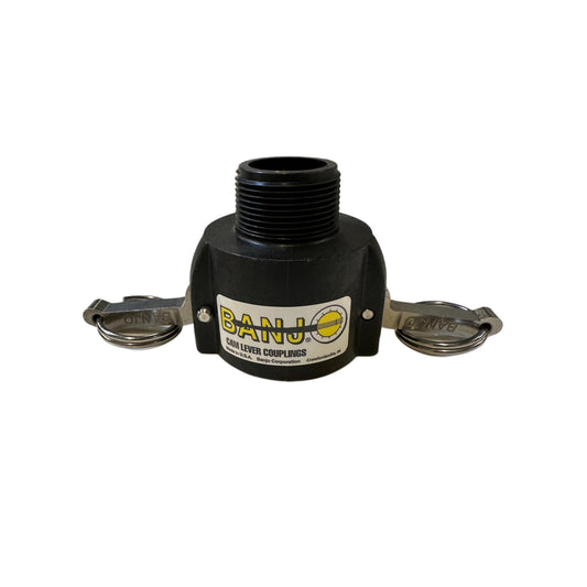 Banjo black polypropylene cam lever coupling with male threaded end and two stainless steel locking arms.