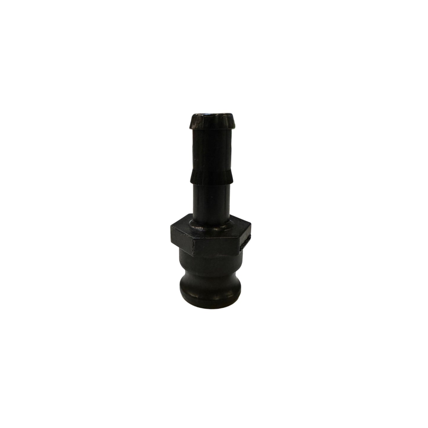 Black plastic hose barb adapter with a hexagonal center nut and grooved connector end.