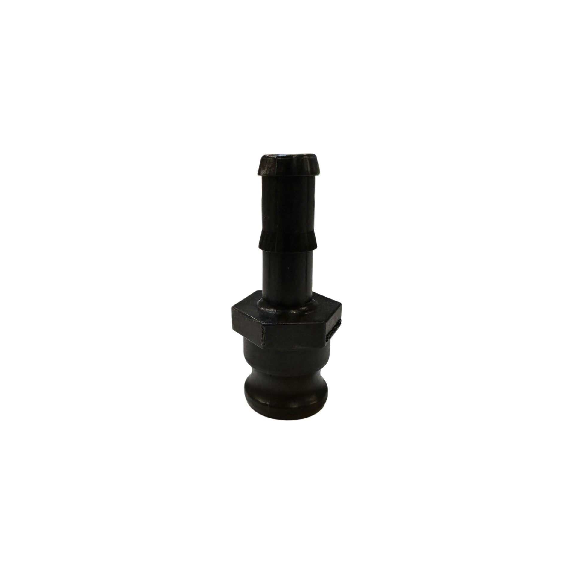 Black plastic hose barb adapter with a hexagonal center nut and grooved connector end.