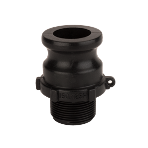 Black polypropylene 1.5-inch to 1.25-inch camlock adapter with male NPT threaded end and grooved coupling.