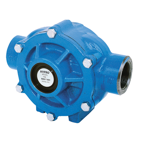 Hypro 1502C blue cast iron centrifugal pump with threaded ports and bolt-secured housing.