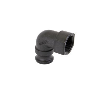 Black 90-degree elbow adapter featuring a threaded female end and a grooved camlock connection.