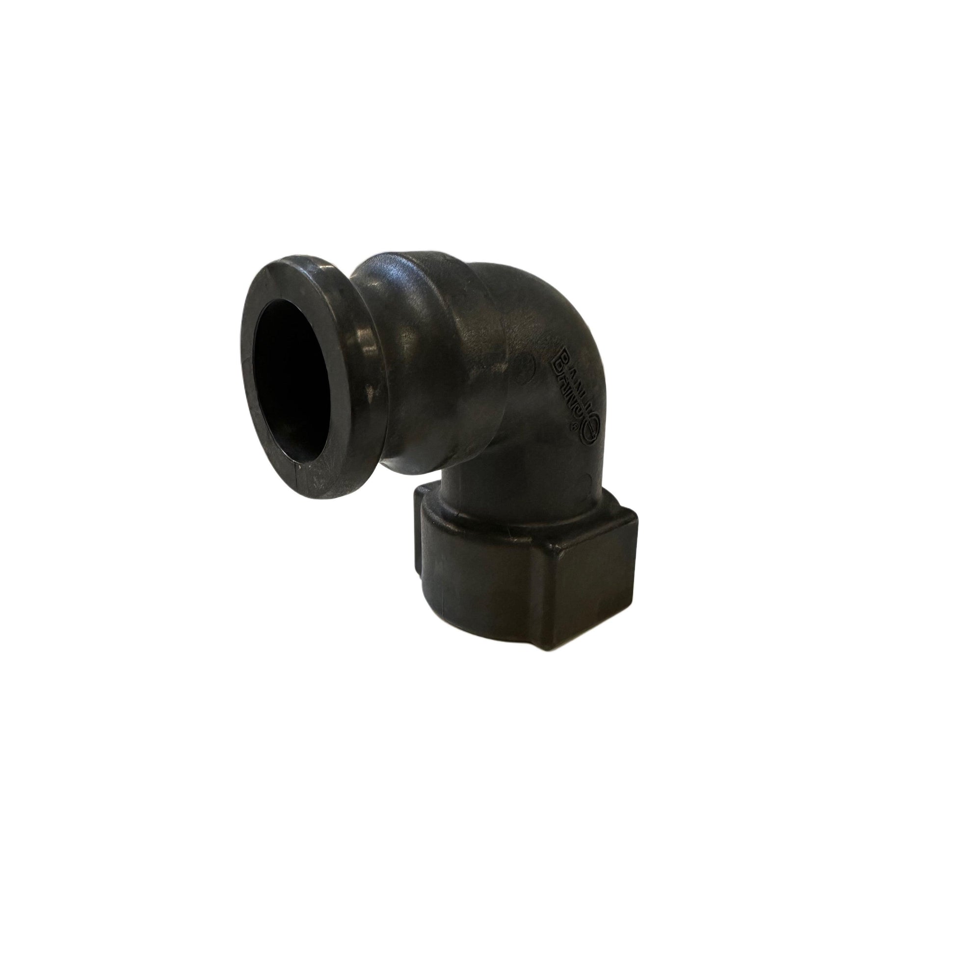 Black Banjo 150A90 90-degree elbow pipe fitting made of durable polypropylene with a flanged end and threaded connection.