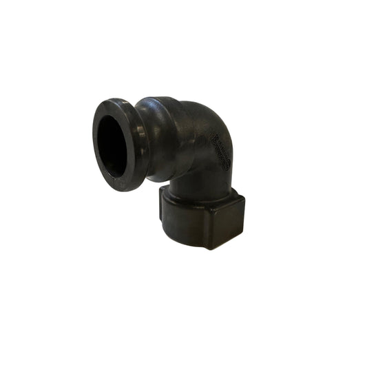 Black Banjo 150A90 90-degree elbow pipe fitting made of durable polypropylene with a flanged end and threaded connection.