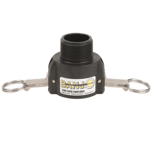 Banjo 150B black polypropylene cam lever coupling with male NPT thread and stainless steel locking arms.