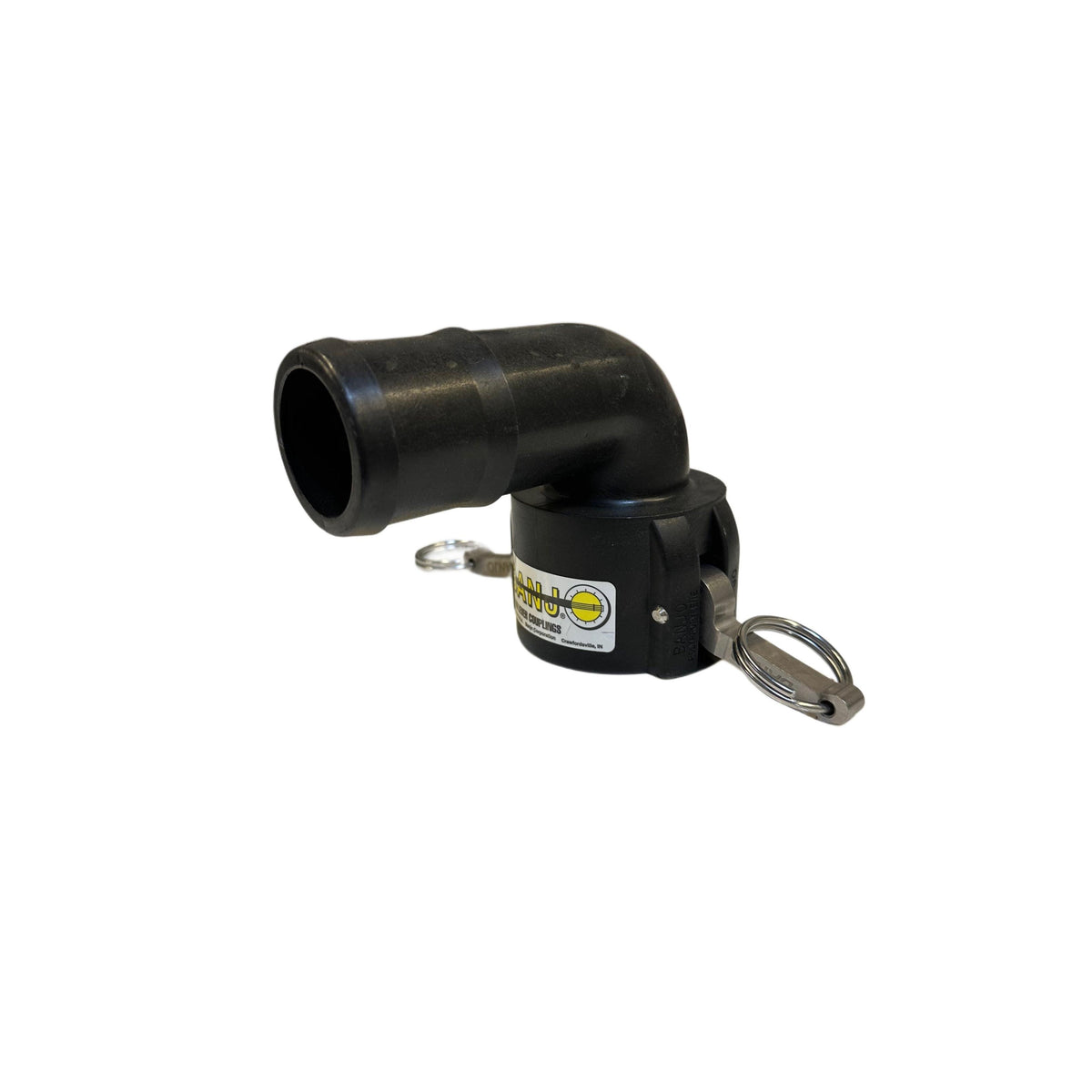 Black polypropylene 90-degree elbow cam lever coupling with metal locking arms and Banjo brand label.