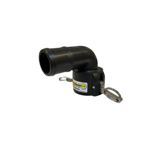 Black polypropylene 90-degree elbow cam lever coupling with metal locking arms and Banjo brand label.
