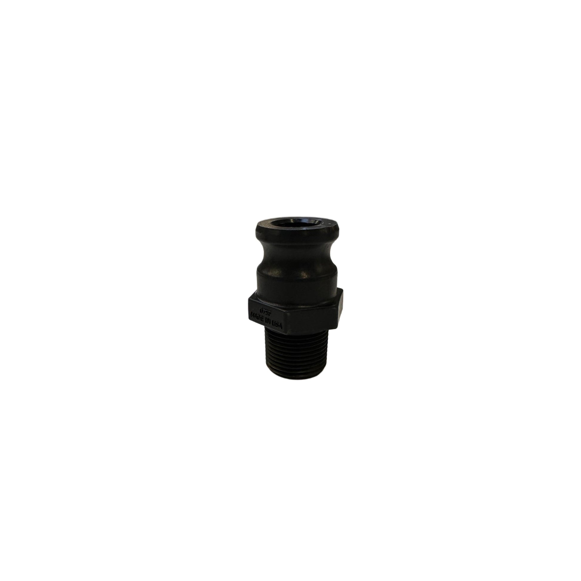 Black polypropylene 150F camlock adapter with male NPT threaded end, made in USA.
