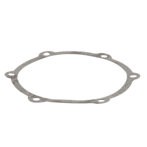 Grey circular fiber gasket with six bolt holes for automotive engine sealing applications.
