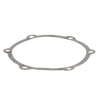 Grey circular fiber gasket with six bolt holes for automotive engine sealing applications.