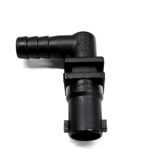 Black plastic TeeJet 90-degree elbow hose barb fitting with a quick-connect locking mechanism.
