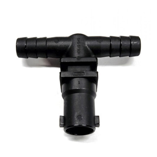 Black plastic T-shaped hose connector with a barbed dual-port design and a locking quick-connect base.