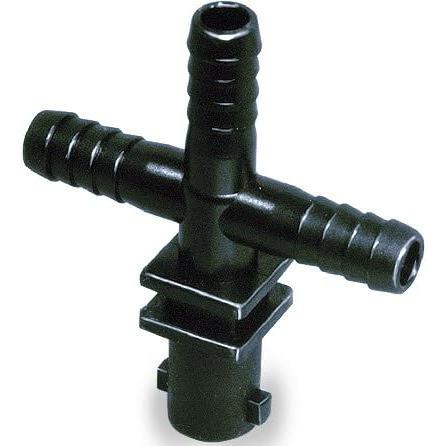 Black plastic T-shaped hose barb fitting with a square mounting flange and locking base connector.
