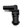 Black plastic 90-degree elbow barbed hose fitting with a mounting flange for secure plumbing connections.