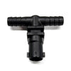 Black plastic T-shaped hose connector with ribbed ends and a locking mechanism for automotive cooling systems.