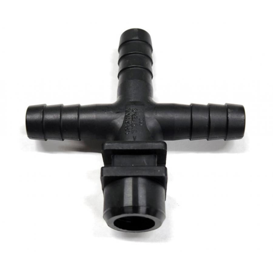 Black plastic tee hose barb fitting with a mounting bracket for industrial fluid systems.