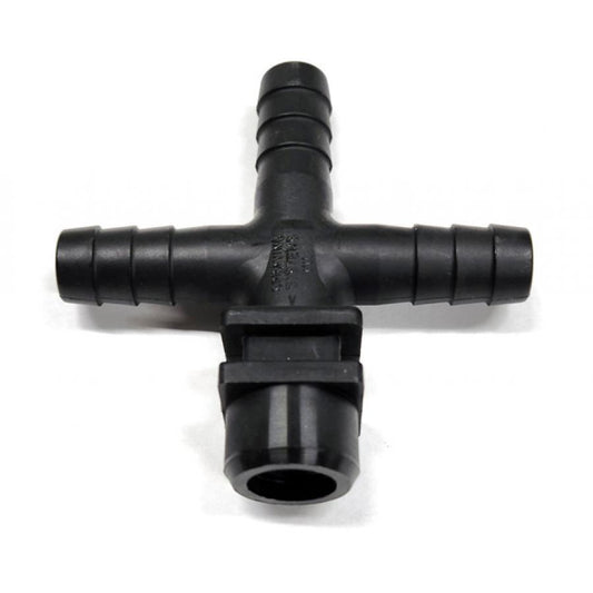 Black plastic tee hose barb fitting with a mounting bracket for industrial fluid systems.