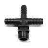 Black plastic tee hose barb fitting with a mounting bracket for industrial fluid systems.