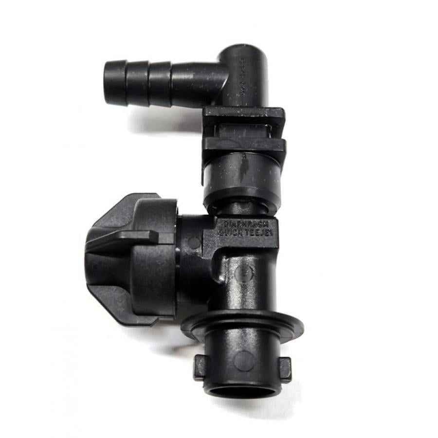 Black plastic TeeJet diaphragm nozzle body with a barbed hose connection and quick-attach locking mechanism.