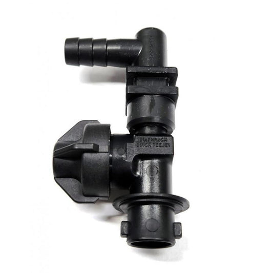 Black plastic TeeJet diaphragm nozzle body with a barbed hose connection and quick-attach locking mechanism.