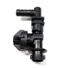 Black plastic TeeJet diaphragm nozzle body with a barbed hose connection and quick-attach locking mechanism.