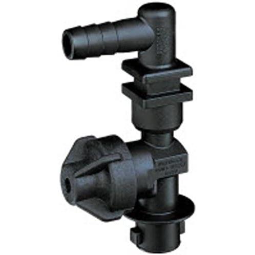 Black plastic 90-degree barbed hose fitting with a threaded locking nut and mounting flange.