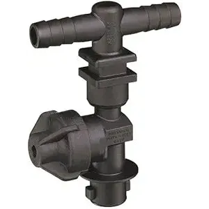 Black plastic T-shaped hose barb fitting with a side control knob and threaded base for irrigation systems.
