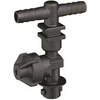 Black plastic T-shaped hose barb fitting with a side control knob and threaded base for irrigation systems.