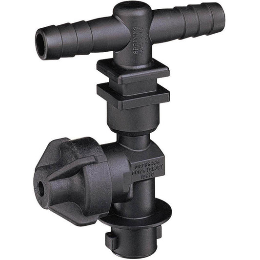 Black plastic Spraying Systems Co. Quick TeeJet diaphragm nozzle body with a T-shaped hose barb connector.