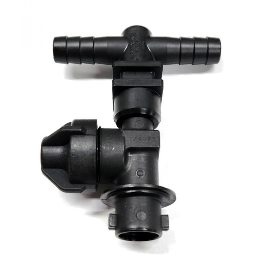 Black plastic T-shaped irrigation fitting with a 1/4 NPT threaded connection and barbed hose ends.