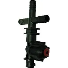 Black plastic multi-port irrigation nozzle assembly with a red center dial and ribbed hose connectors.