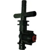 Black plastic multi-port irrigation nozzle assembly with a red center dial and ribbed hose connectors.