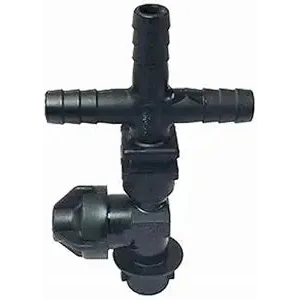 Black plastic T-shaped barbed hose fitting with an integrated valve and threaded connector base.