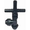 Black plastic T-shaped barbed hose fitting with an integrated valve and threaded connector.