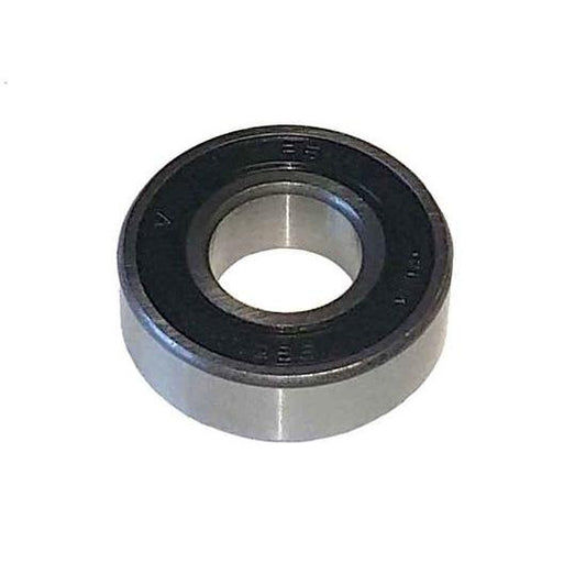 Steel ball bearing with a black rubber seal and polished metal outer ring isolated on a white background.