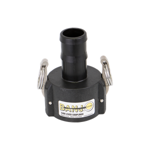 Banjo black polypropylene cam lever coupling with hose barb and stainless steel locking arms.