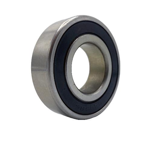 Steel ball bearing with a black rubber seal, featuring a polished metallic outer ring and inner race.