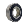 Steel ball bearing with a black rubber seal, featuring a polished metallic outer ring and inner race.