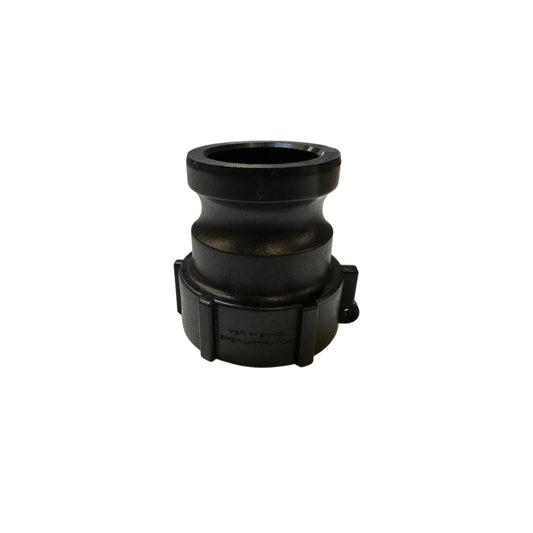 Black polypropylene 200A camlock adapter with a threaded base, designed for secure industrial hose connections.