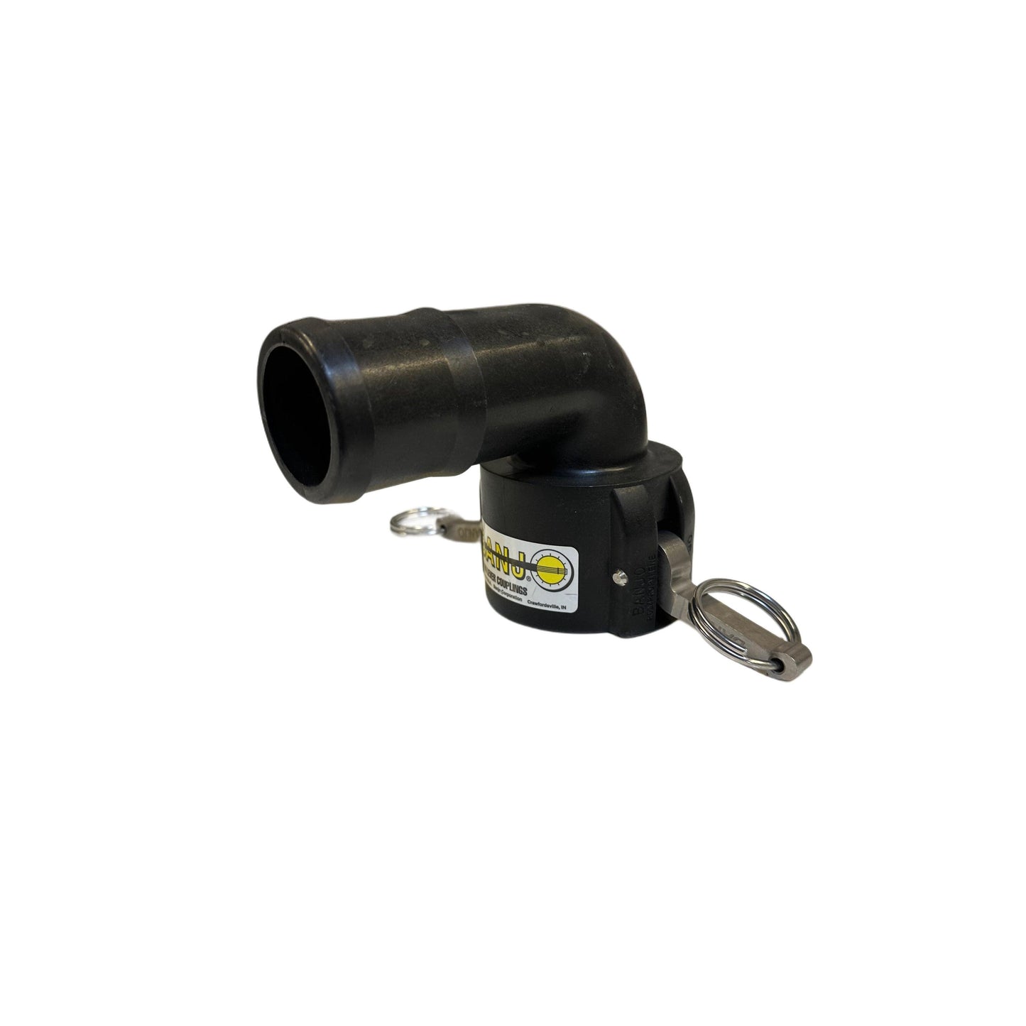 Black Banjo 200C90 2-inch polypropylene 90-degree elbow cam lever coupling with stainless steel locking arms.