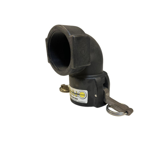 Banjo 200D90 black polypropylene 90-degree elbow cam lever coupling with threaded female end and locking arms.