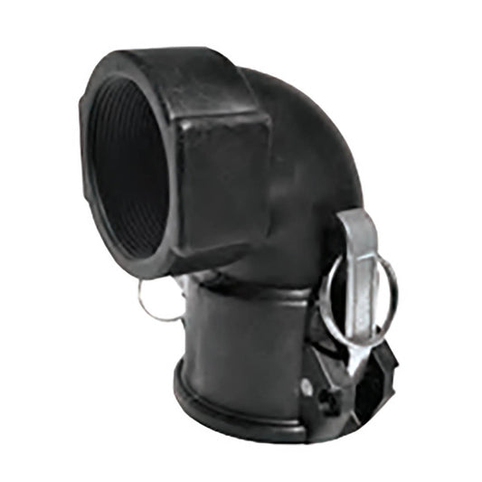Black 90-degree elbow pipe fitting with a threaded end and a camlock coupling mechanism for secure industrial connections.