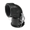 Black 90-degree elbow pipe fitting with a threaded end and a camlock coupling mechanism for secure industrial connections.