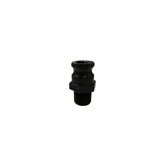Black polypropylene 200F camlock adapter with a male NPT threaded end and a grooved coupling head.