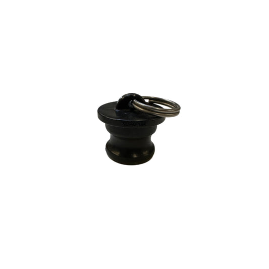 Black polypropylene drain plug with a metal pull ring, featuring a tapered design for secure sealing.