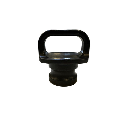 Black 200PLH (G) camlock dust plug made of durable plastic with a convenient integrated handle for easy grip.